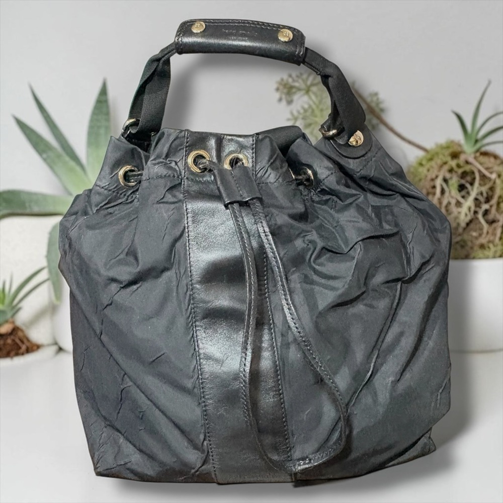 Kate Spade New York Black Nylon Leather Drawstring Bucket Backpack Bag PXRU2483